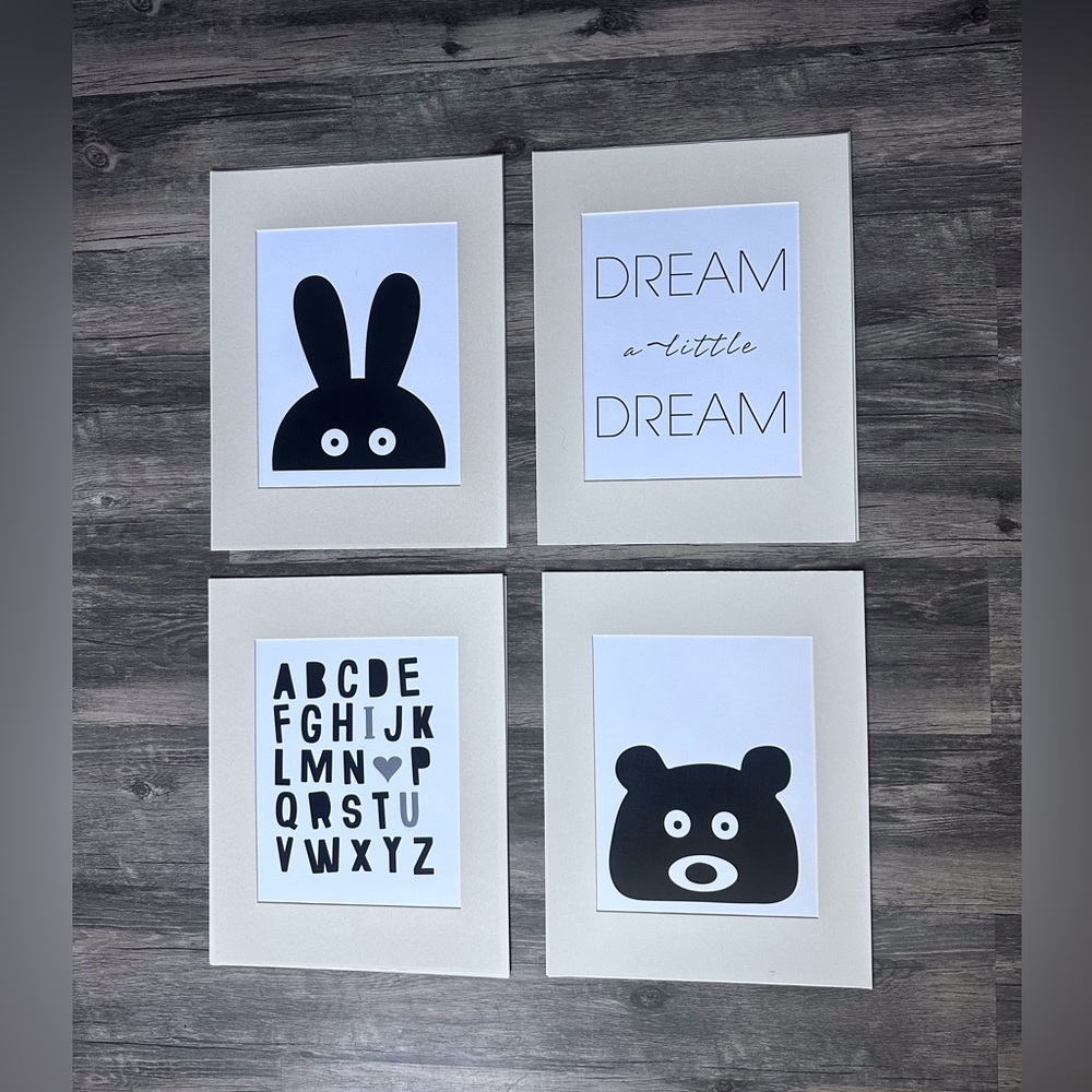 Modern Nursery Wall Art Prints Set of 4 Black and White Pictures